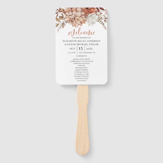 Elegant Floral Terracotta Wedding Programme Hand F Handwaaier (Voorkant)