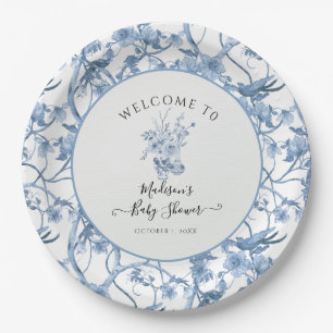 Elegant Floral Toile Blauw en Wit Baby shower Papieren Bordje