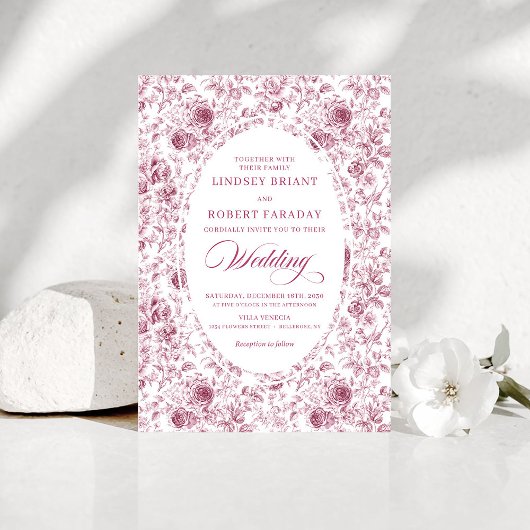 Elegant Floral Toile de Jouy Wedding Invitation Kaart