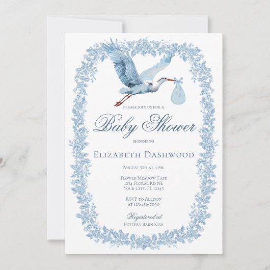 Elegant Floral Toile Lijst Blue Stork Baby shower Kaart (Voorkant)