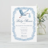 Elegant Floral Toile Lijst Blue Stork Baby shower Kaart (Staand voorkant)