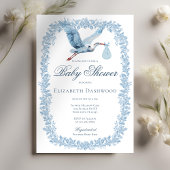 Elegant Floral Toile Lijst Blue Stork Baby shower Kaart
