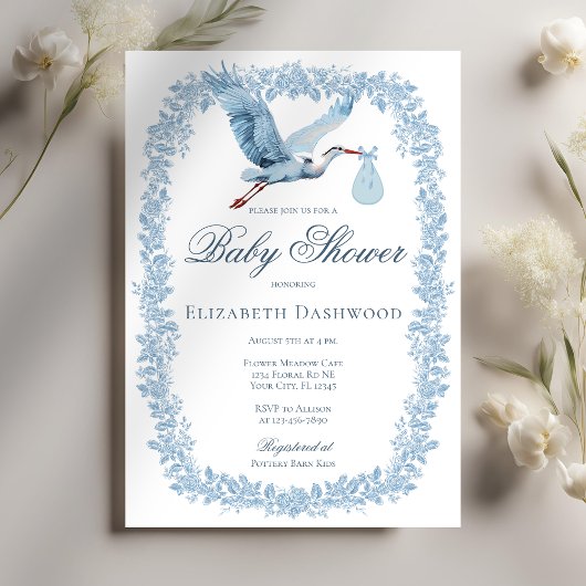 Elegant Floral Toile Lijst Blue Stork Baby shower Kaart