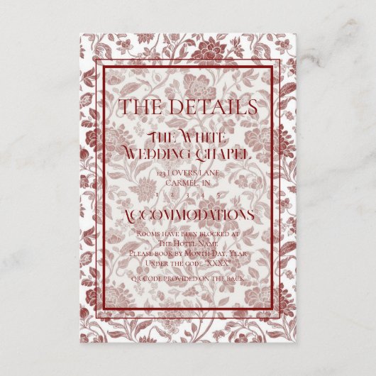 Elegant Floral Toile QR Code Wedding Details Informatiekaartje (Voorkant)