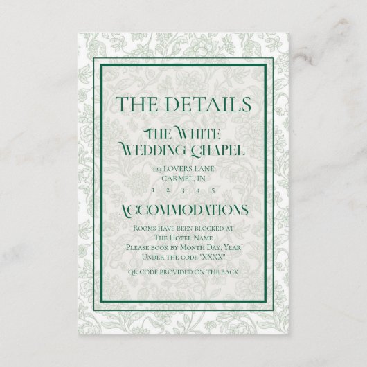 Elegant Floral Toile QR Code Wedding Details Informatiekaartje (Voorkant)