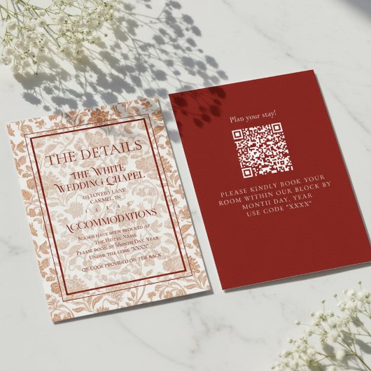 Elegant Floral Toile QR Code Wedding Details Informatiekaartje