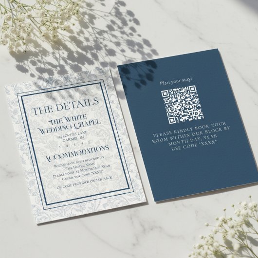 Elegant Floral Toile QR Code Wedding Details Informatiekaartje