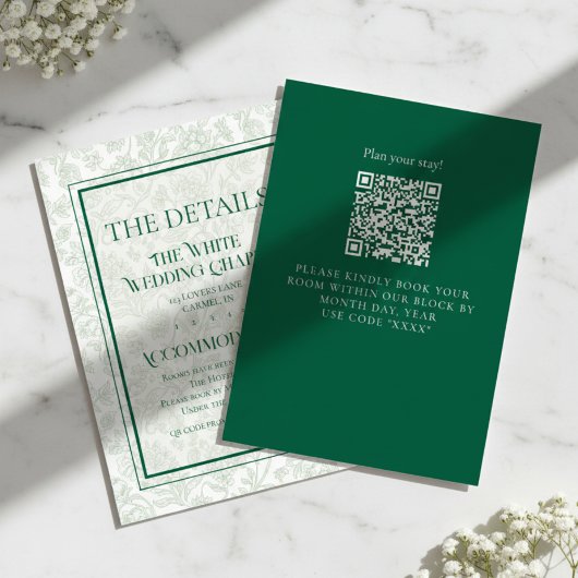 Elegant Floral Toile QR Code Wedding Details Informatiekaartje