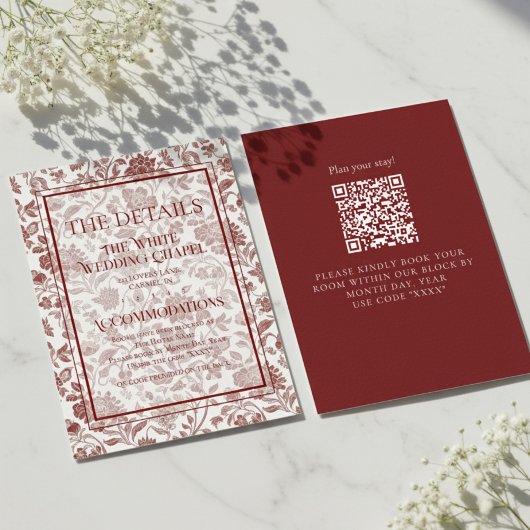 Elegant Floral Toile QR Code Wedding Details Informatiekaartje