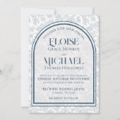 Elegant Floral Toile Script Monogram Blue Wedding Kaart (Voorkant)