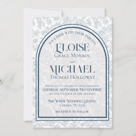 Elegant Floral Toile Script Monogram Blue Wedding Kaart (Voorkant)