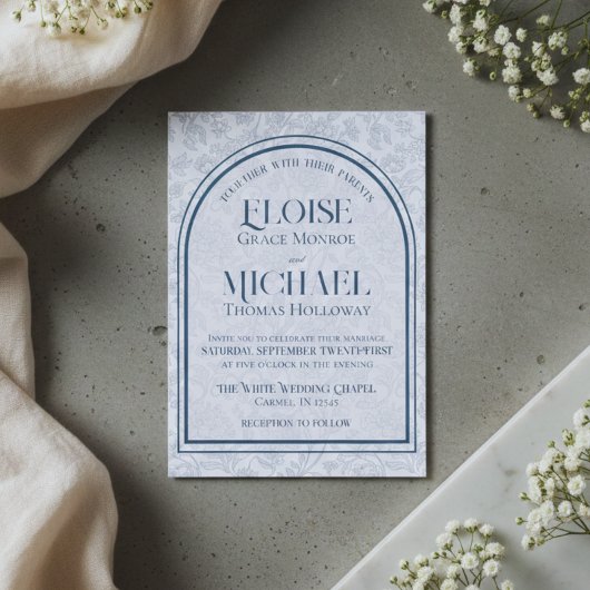 Elegant Floral Toile Script Monogram Blue Wedding Kaart