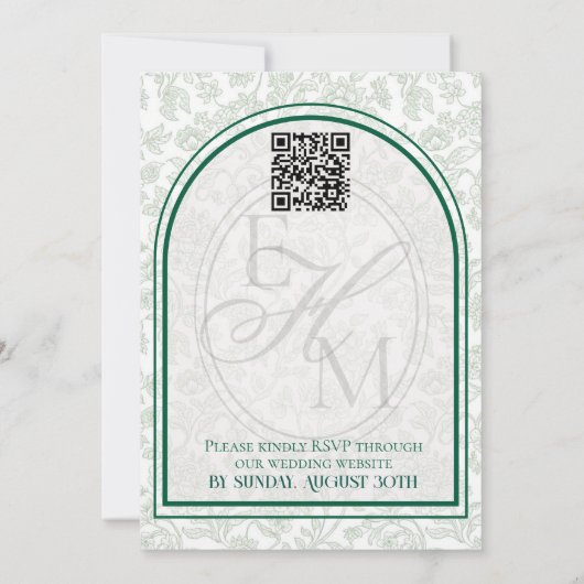 Elegant Floral Toile Script Monogram Green Wedding Kaart (Achterkant)