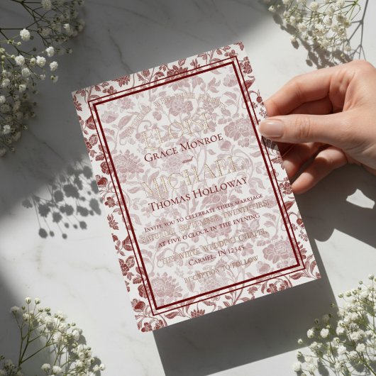 Elegant Floral Toile Script Monogram Red Wedding Folie Uitnodiging
