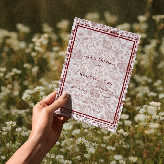 Elegant Floral Toile Script Monogram Red Wedding Folie Uitnodiging