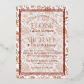 Elegant Floral Toile Script Monogram Red Wedding Folie Uitnodiging (Voorkant)