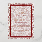 Elegant Floral Toile Script Monogram Red Wedding Folie Uitnodiging (Voorkant)