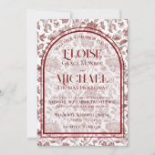 Elegant Floral Toile Script Monogram Red Wedding Kaart (Voorkant)