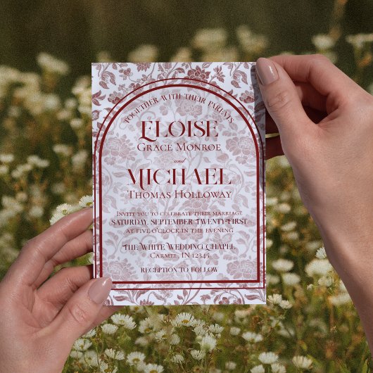 Elegant Floral Toile Script Monogram Red Wedding Kaart