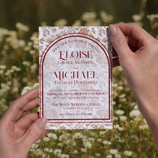 Elegant Floral Toile Script Terracotta Red Wedding Kaart