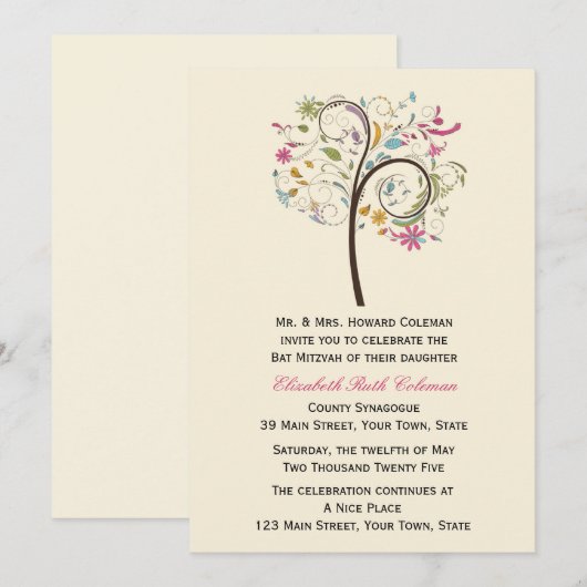 Elegant Floral Tree Bat Mitzvah Uitnodiging (Voorkant / Achterkant)
