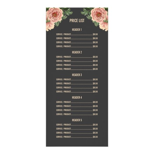 Elegant floral trendy roze pony menu & prijslijst (Achterkant)