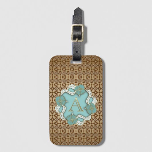 Elegant Floral Turquoise gold monogram A Bagagelabel (Voorkant (verticaal))