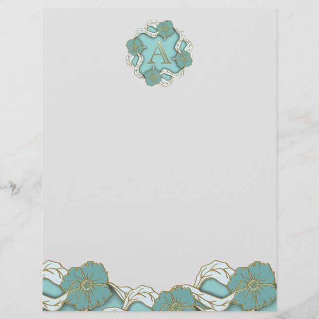 Elegant Floral Turquoise gold monogram A Briefhoofd (Voorkant)