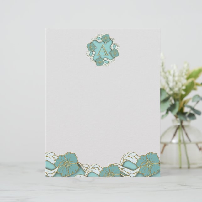 Elegant Floral Turquoise gold monogram A Briefhoofd (Staand voorkant)