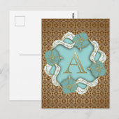 Elegant Floral Turquoise gold monogram A Briefkaart (Voorkant / Achterkant)