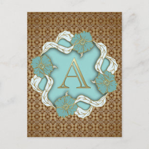 Elegant Floral Turquoise gold monogram A Briefkaart