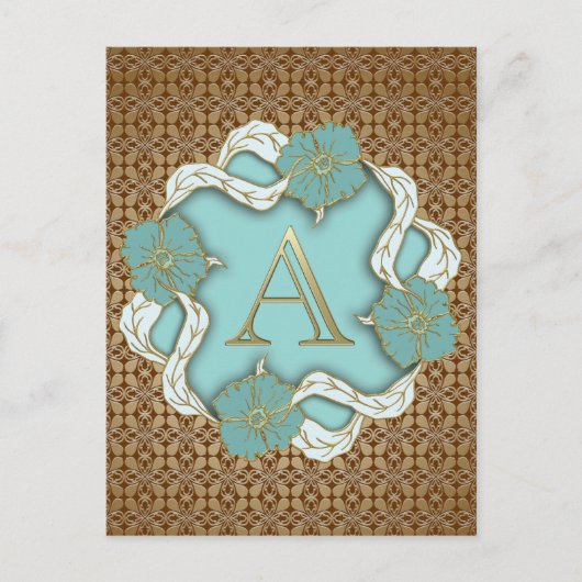 Elegant Floral Turquoise gold monogram A Briefkaart (Voorkant)