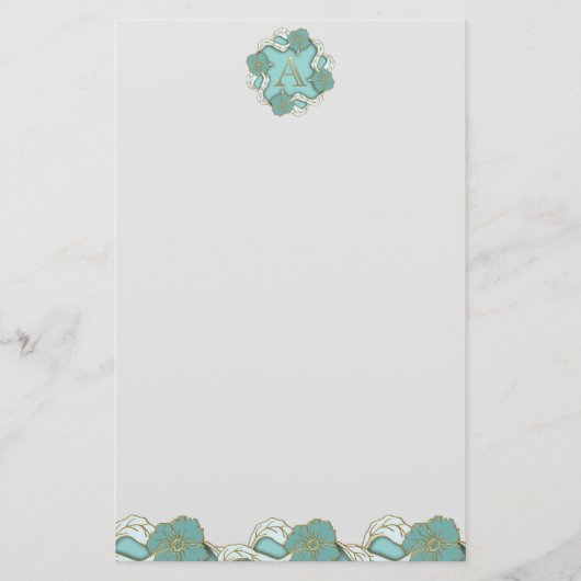 Elegant Floral Turquoise gold monogram A Briefpapier (Voorkant)