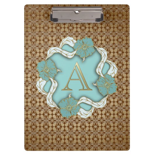 Elegant Floral Turquoise gold monogram A Klembord (Voorkant)