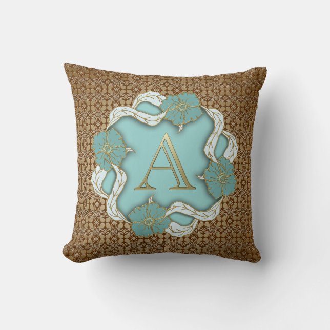 Elegant Floral Turquoise gold monogram A Kussen (Voorkant)