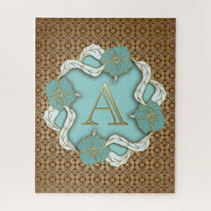 Elegant Floral Turquoise gold monogram A Legpuzzel