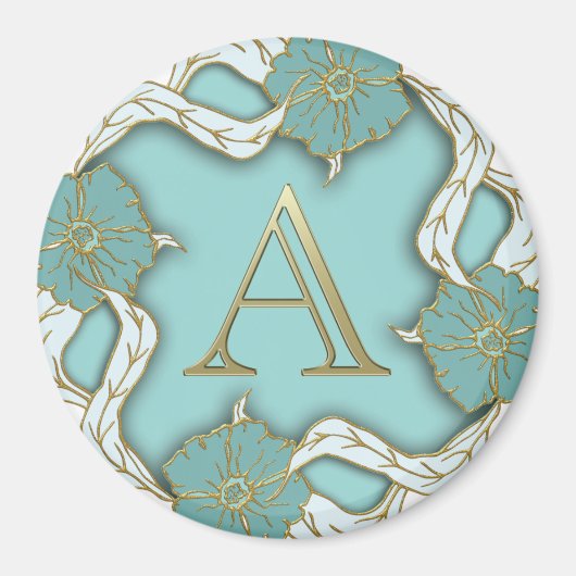 Elegant Floral Turquoise gold monogram A Magneet (Voorkant)