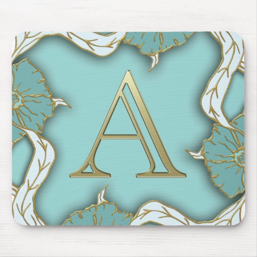 Elegant Floral Turquoise gold monogram A Muismat (Voorkant)