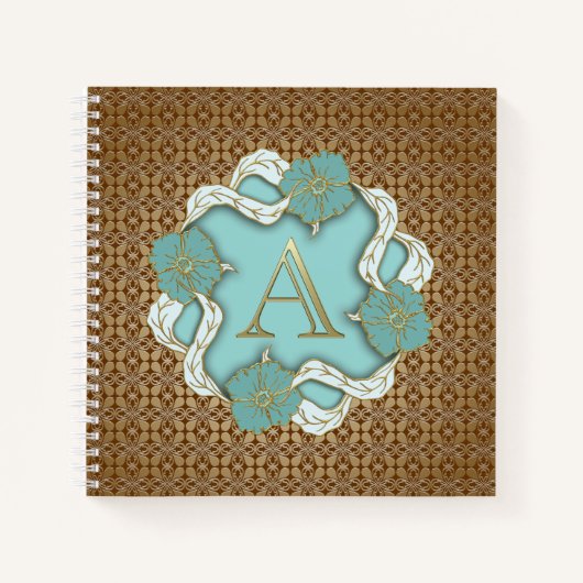 Elegant Floral Turquoise gold monogram A Notitieboek (Voorkant)