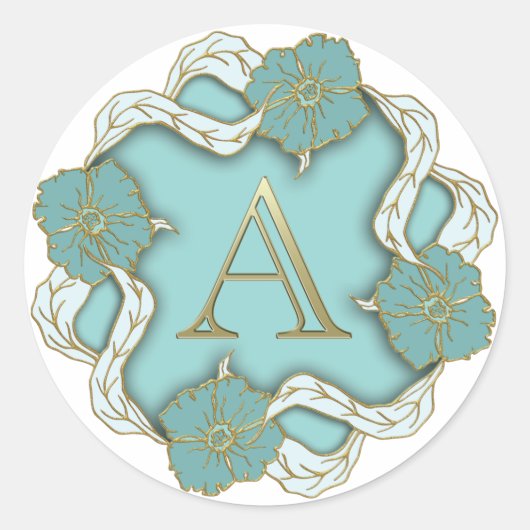 Elegant Floral Turquoise gold monogram A Ronde Sticker (Voorkant)