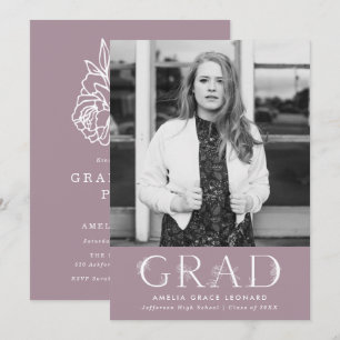 Elegant Floral Type Mauve Photo Graduation Party Kaart