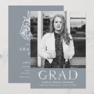 Elegant Floral Type Slate Blue Graduparty Kaart