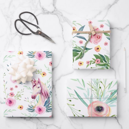Elegant Floral Unicorn Inpakpapier Vel (Voorkant)