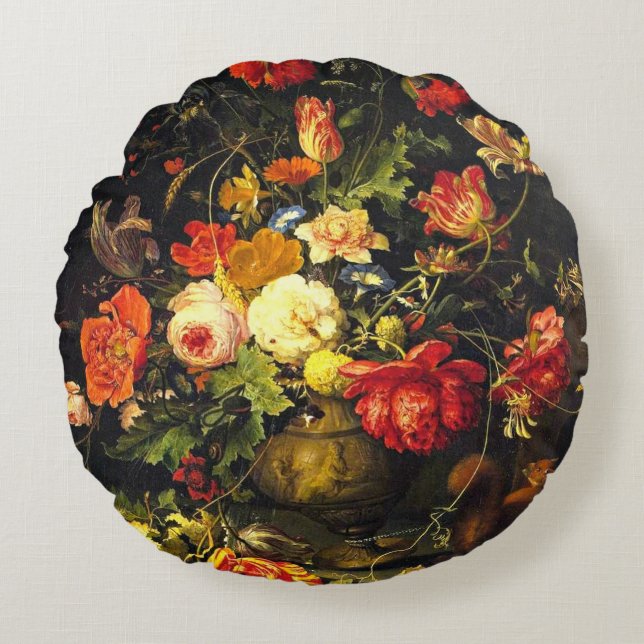 Elegant  Floral Vase Roos Art Rond Kussen (Voorkant)