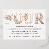 Elegant Floral VIER 4e verjaardag Real Folie Uitnodiging (Voorkant)
