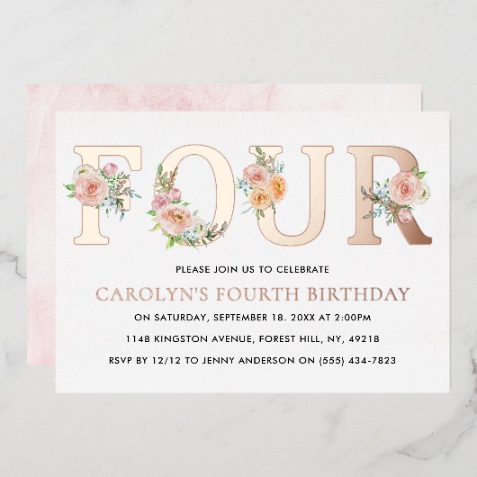 Elegant Floral VIER 4e verjaardag Real Folie Uitnodiging (Voorkant / Achterkant)