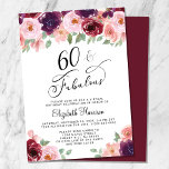 Elegant Floral Virtual 60th Birthday Party Kaart<br><div class="desc">Virtual 60th birthday party uitnodiging met "60 & Fabulous" in een elegant kalligrafieschrift en waterverf boeketten van bordeaux rode,  roze en paarse bloemstukken.</div>