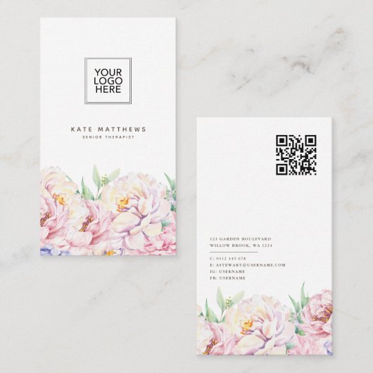 Elegant Floral Visitekaartje met QR-code (Voorkant / Achterkant)