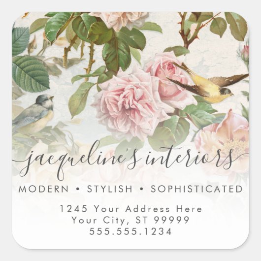 Elegant Floral  Vogelroze rozen Vierkante Sticker (Voorkant)