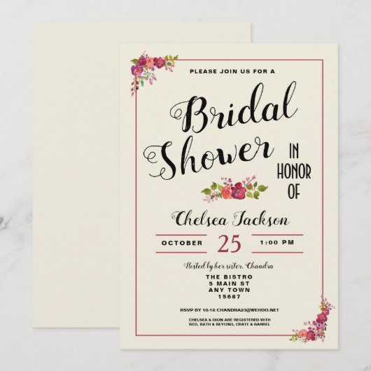 Elegant Floral Vrijgezellenfeest Uitnodiging (Voorkant / Achterkant)